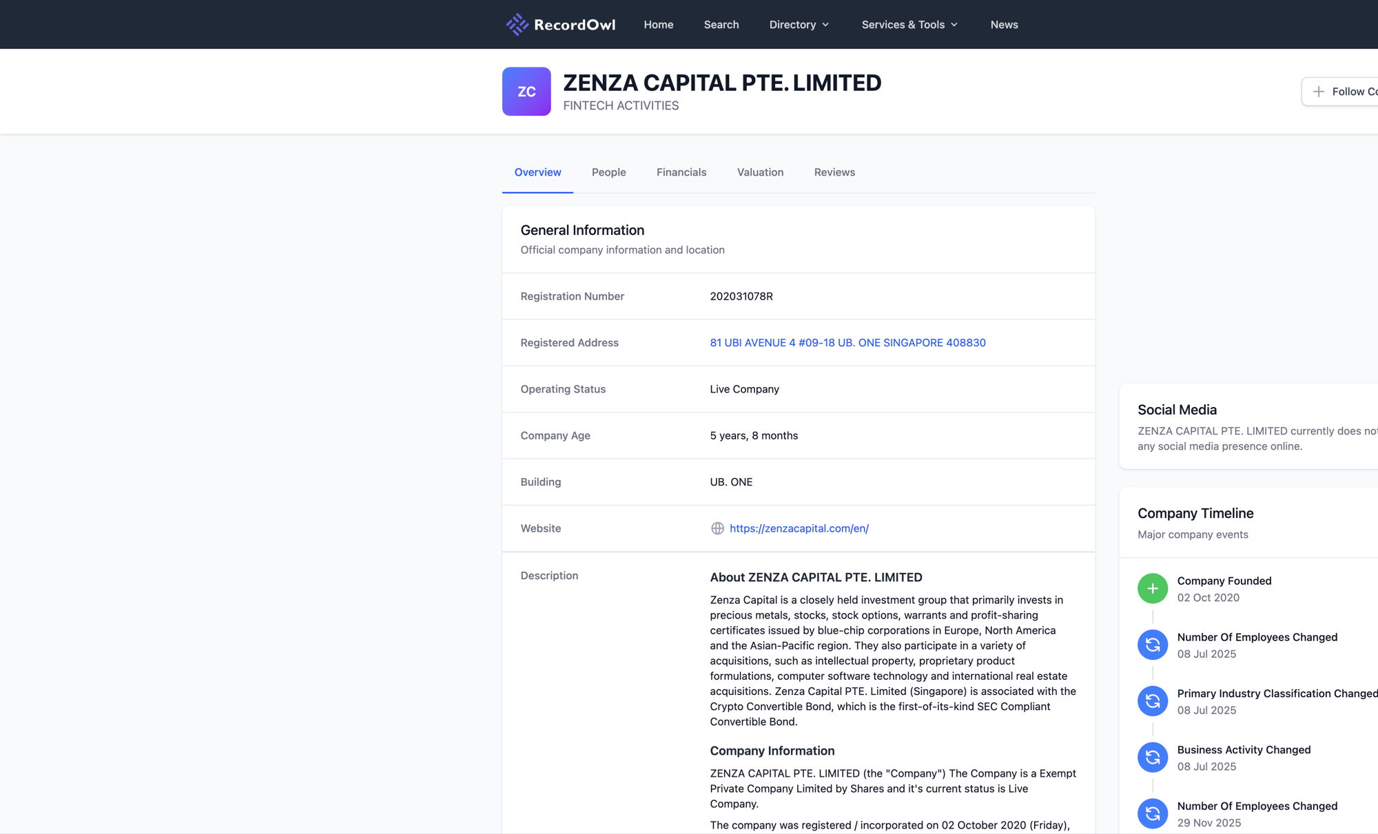 ACRA business profile for Zenza Capital PTE LTD